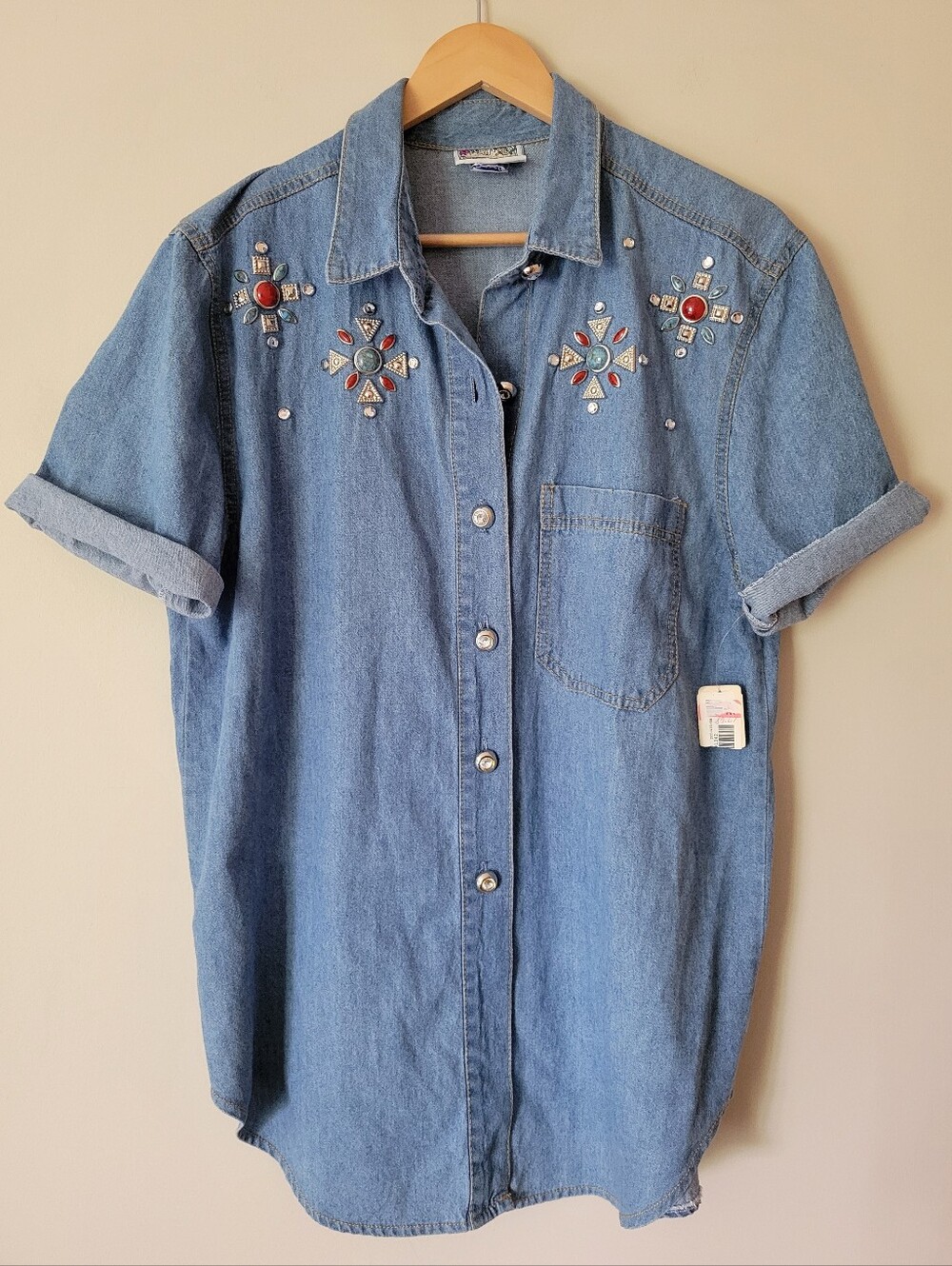 Vintage NWT Women's 80s Glam Button Down Western Embellished Denim Shirt